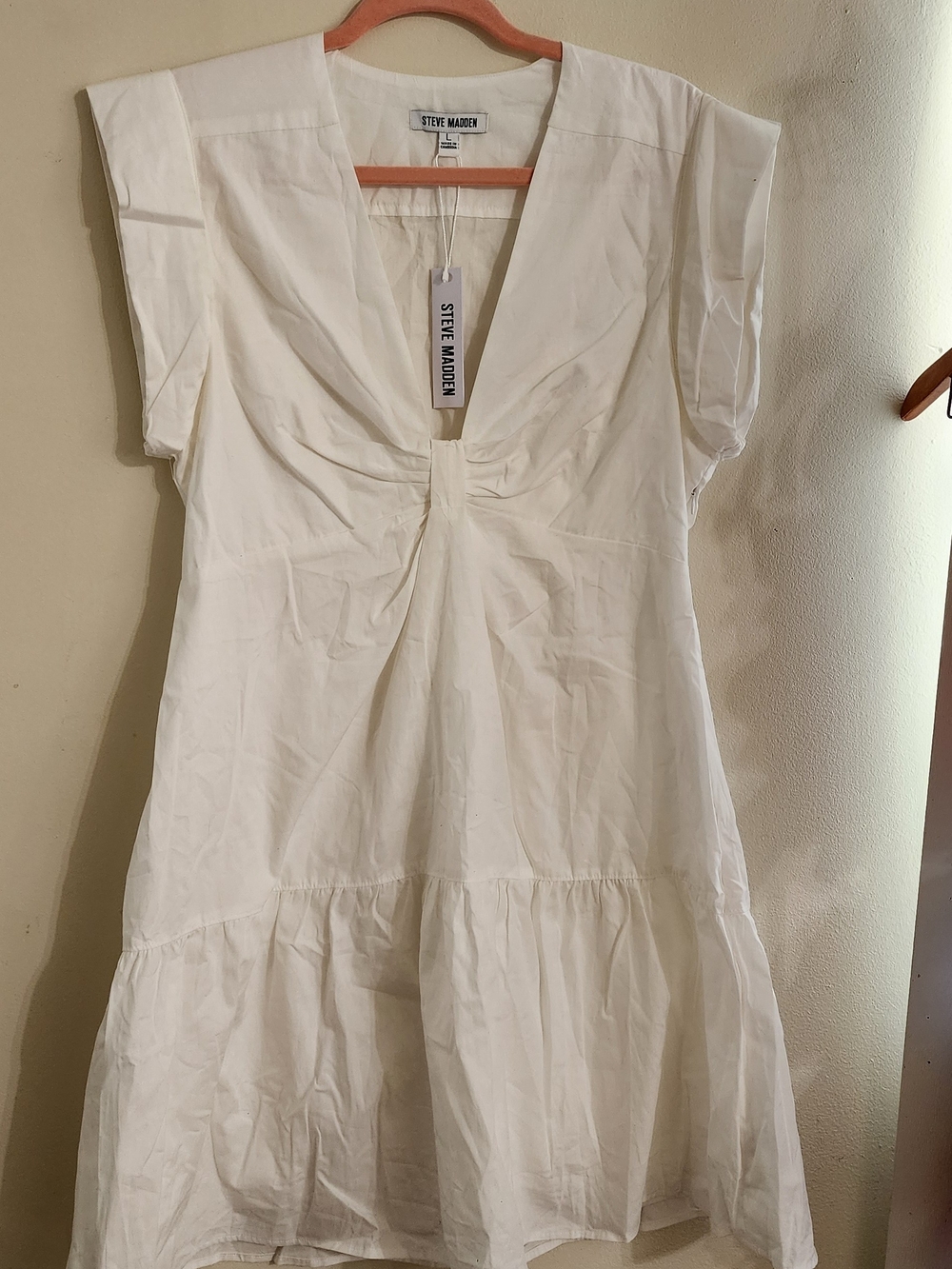 Steve Madden NWT White V-Neck Cinched Front Tiered Mini Dress Size L